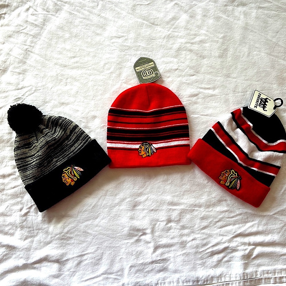 Two Blackhawks knit caps available.  Black cap is SOLD.